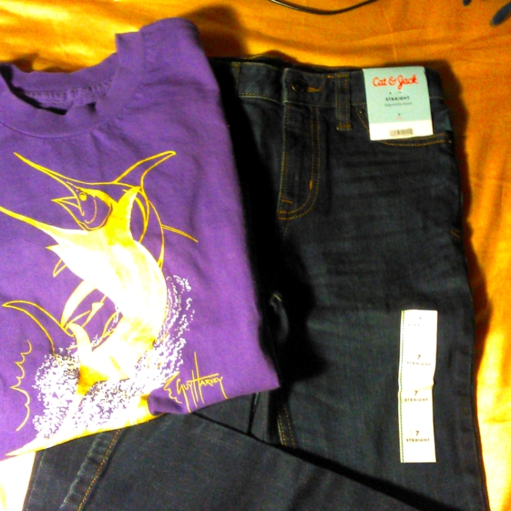 BNWT CAT& JACK SZ 7 BOYS JEANS / GUY HARVEY PURPLE T-SHIRT SZ. SM WORN ONCE CUTE